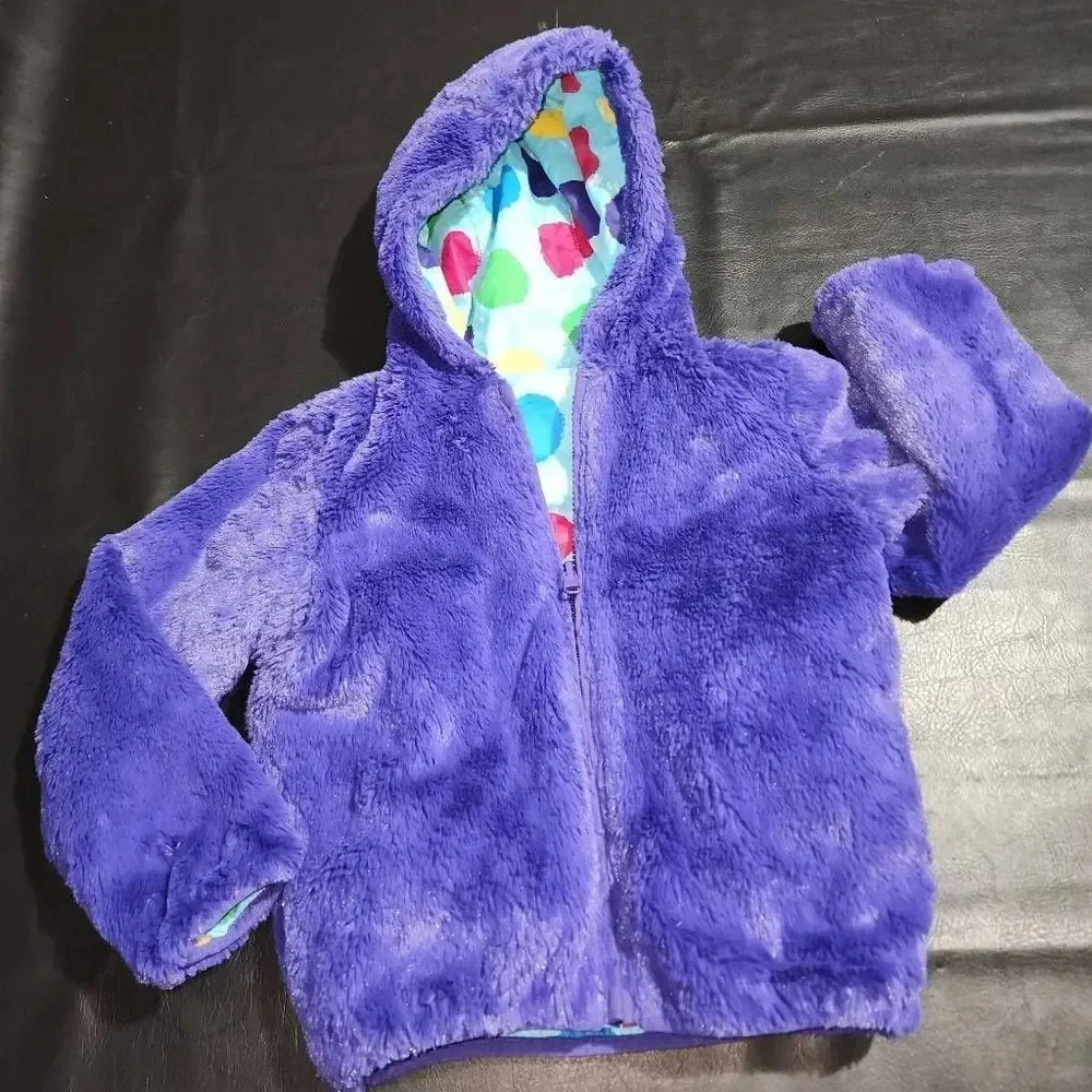 Hanna Andersson‎ Girls Blue Polka Dot Purple Faux Fur Reversible Coat 100 4 4T